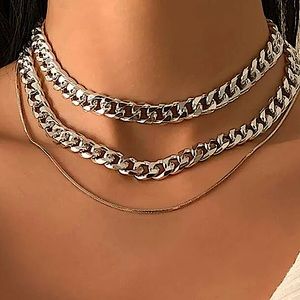 Silver Cuban Chain Link Multilayer Choker Necklace Set